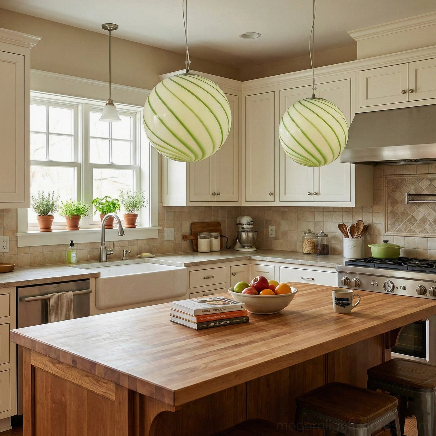 Two green spiral stripe glass pendant lights suspended above wooden kitchen island in residential modern kitchen design