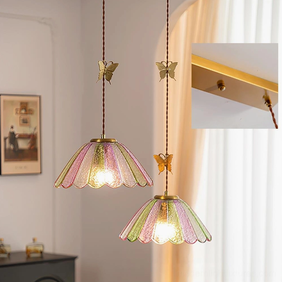 Double head butterfly pendant light with gold brass and colorful stained glass, 62cm width