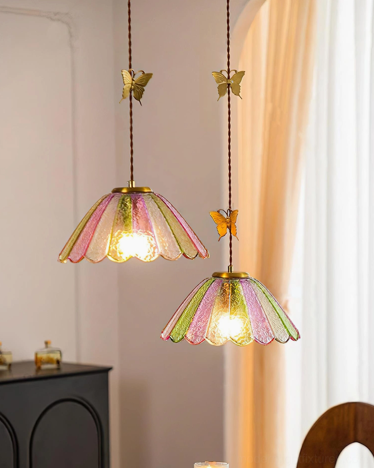 Matching butterfly pendant lights set, double head configuration over dining table