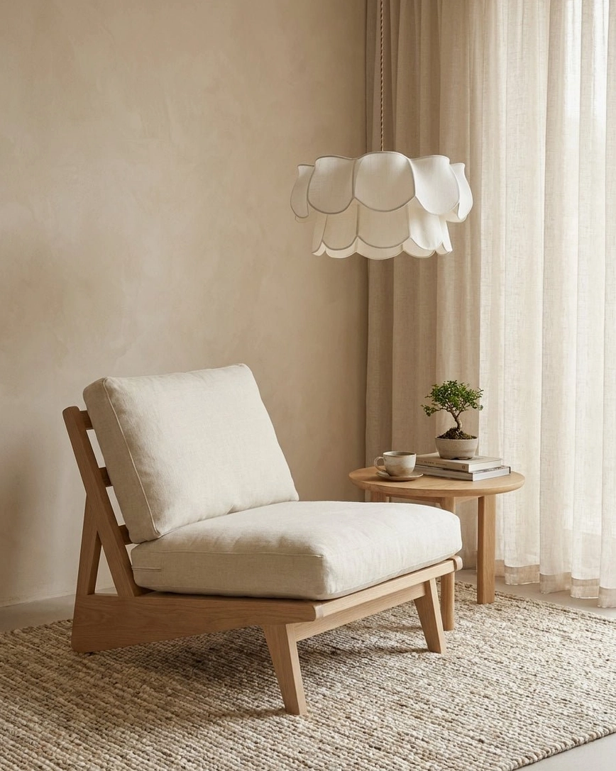 Double-layer fabric petal pendant light in cozy lounge corner with wooden chair and side table, soft warm lighting with sheer window curtains, organic modern aesthetic