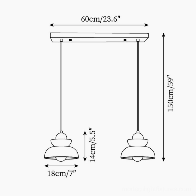 Technical drawing double travertine pendant set 60cm bar length 150cm hanging height