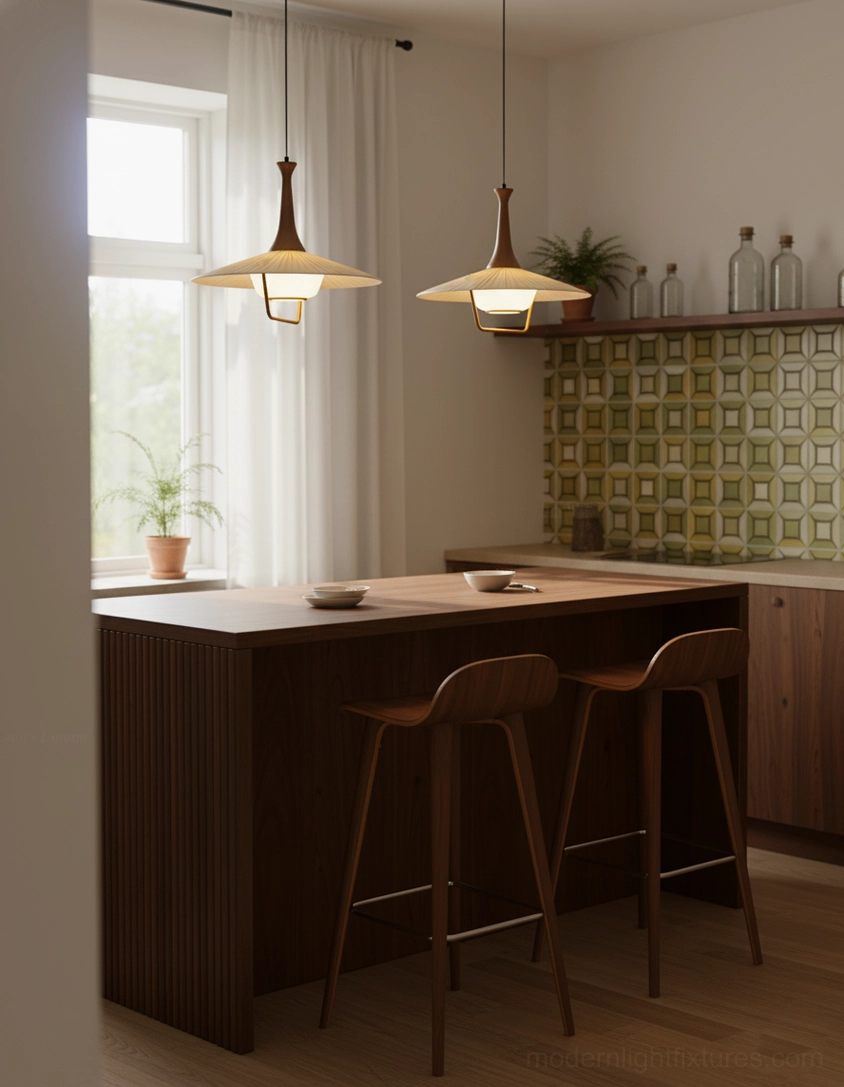 Dual matching walnut pleated pendant lamps above kitchen island in vintage kitchen with green tile backsplash