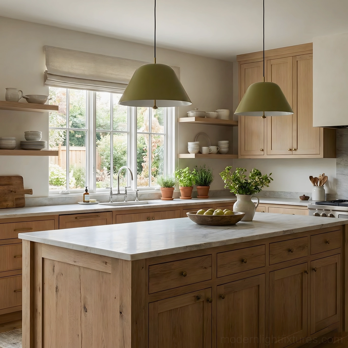 Two sage green dome pendant lights over modern wooden kitchen island with natural wood cabinet decor