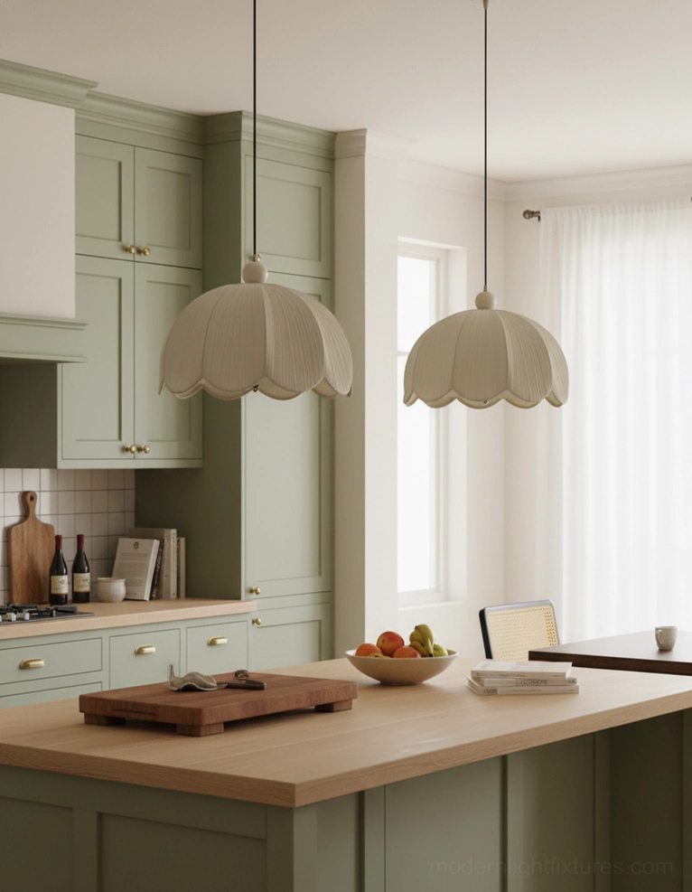 Pair of pleated scallop pendant lights in green cabinet farmhouse kitchen, matching off-white fabric shades rustic decor