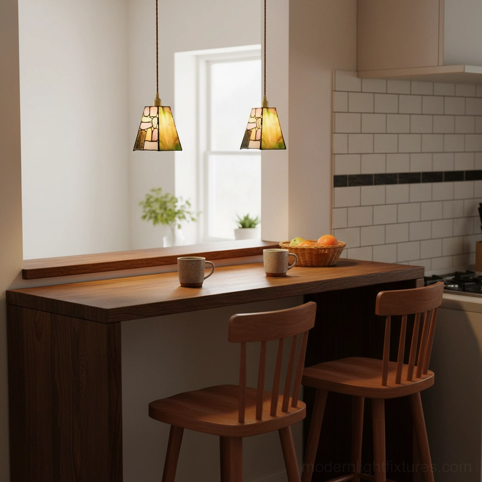 Dual stained glass pendant lights over breakfast bar kitchen, warm wood countertop, amber glass shades cozy ambient lighting