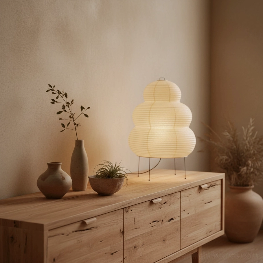 Pair of white tiered Shoji table lamps on wooden bedroom dresser with ceramic vases