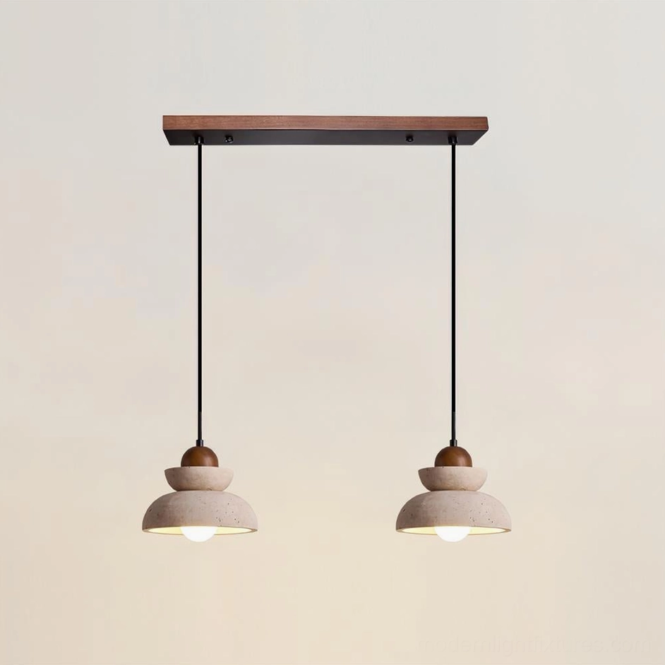 Double pendant lamp configuration with travertine shades walnut wood accents