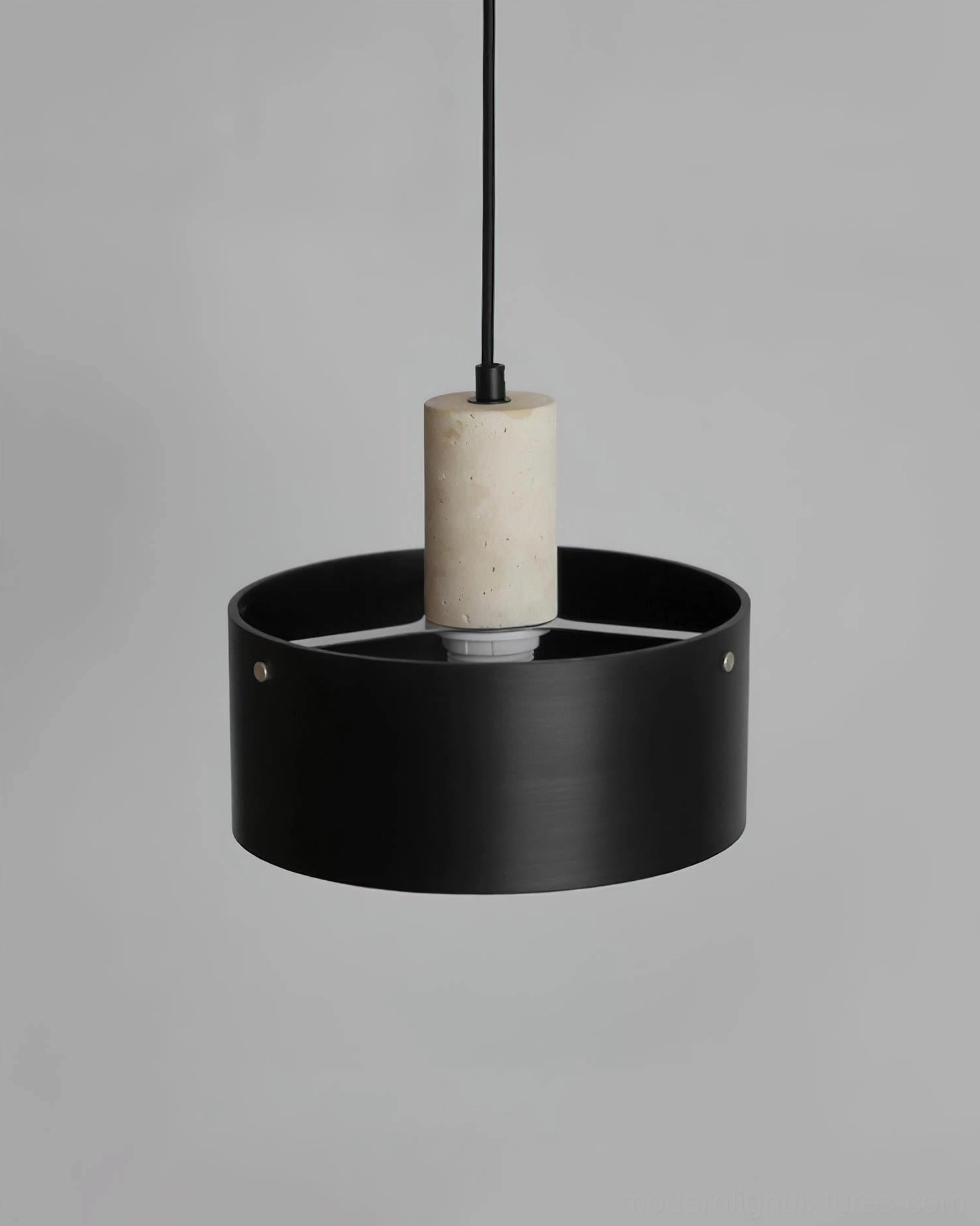 Beige Dovira drum pendant light suspended above dining table creating warm ambient illumination in modern minimalist home setting