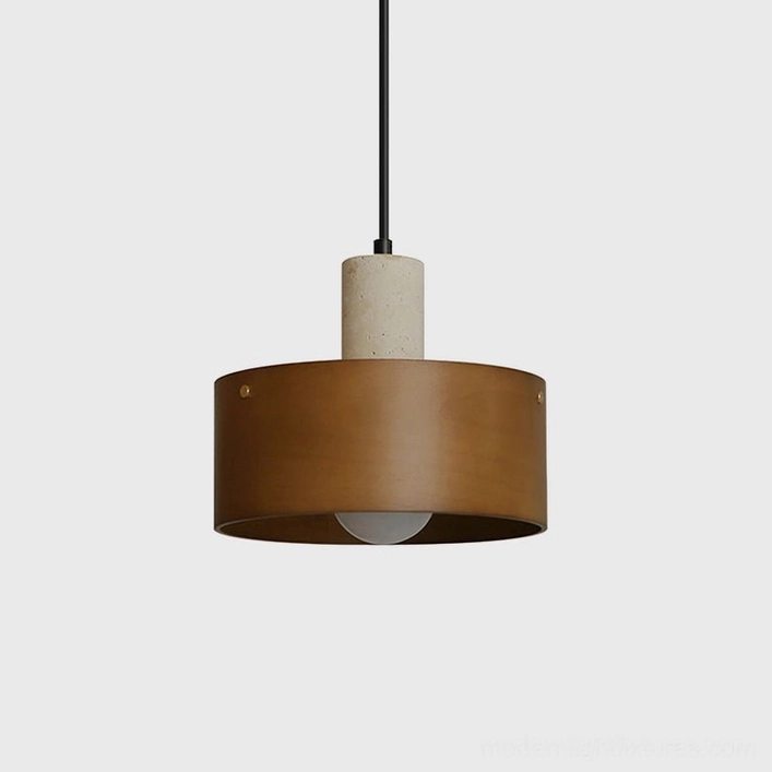 Dovira drum pendant light in natural wood finish with travertine detail, front-facing overhead studio view showcasing minimalist modern design and organic material blend