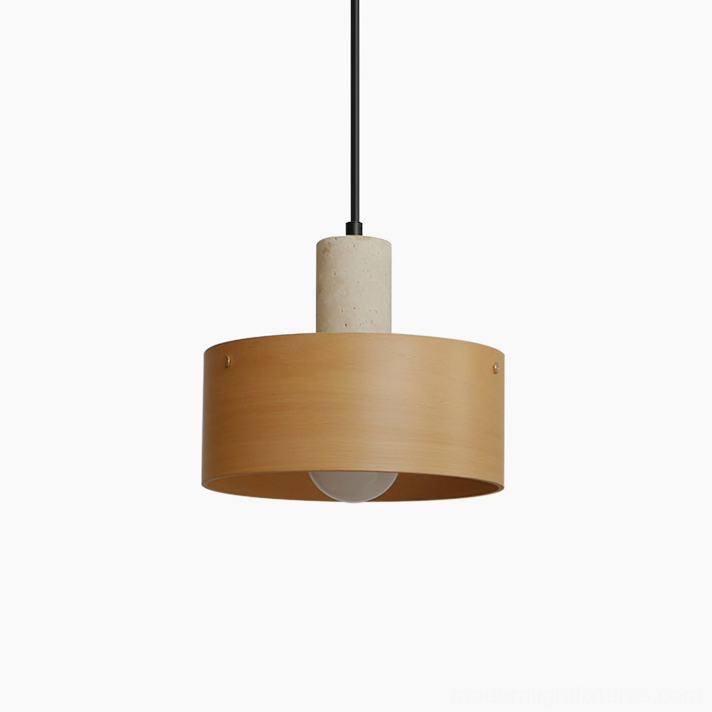 Dovira drum pendant light in natural wood tone with metal and travertine composition, artistic product styling and material craftsmanship detail