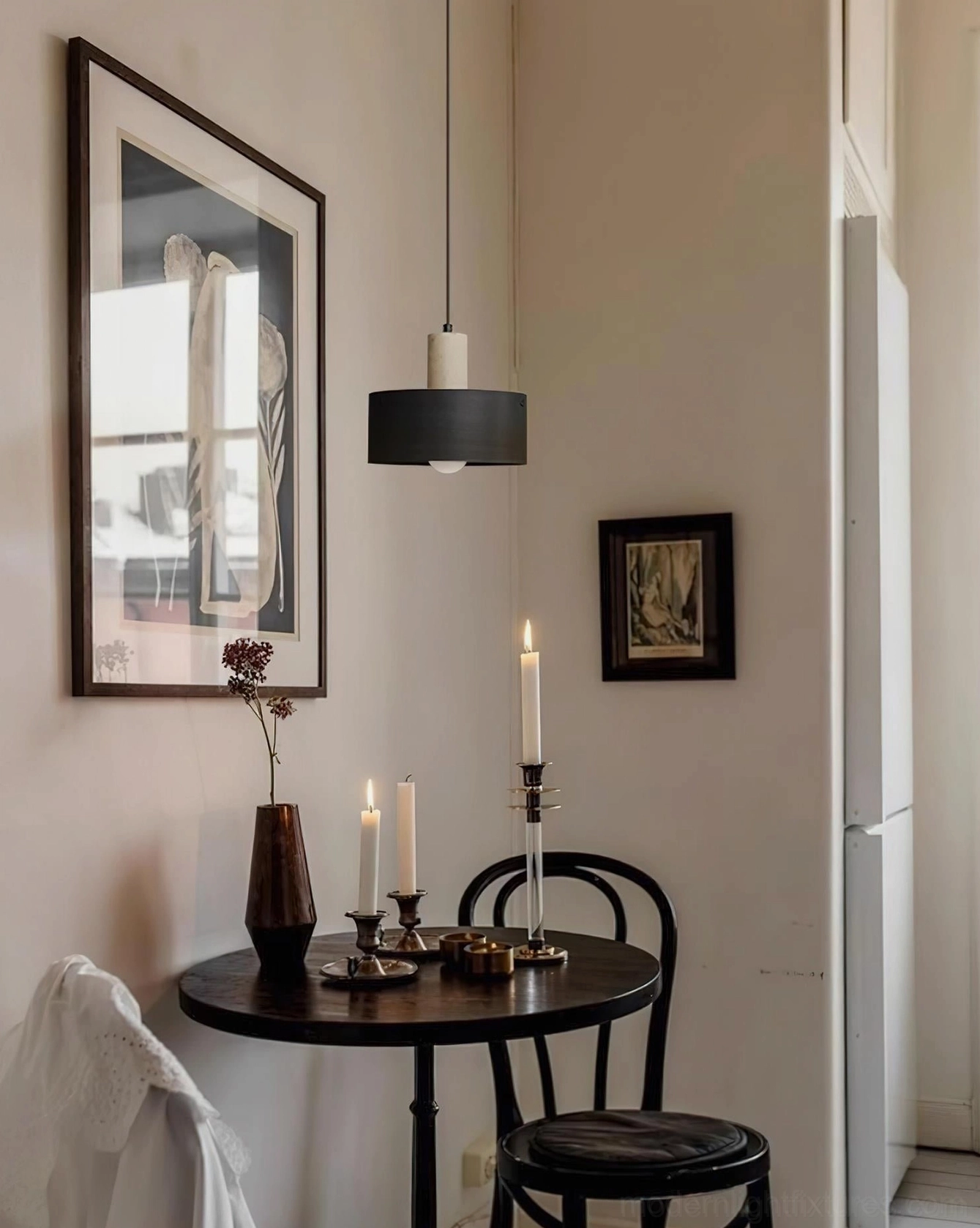 Dovira drum pendant light in walnut wood finish showcasing premium material craftsmanship and travertine accent detail up-close