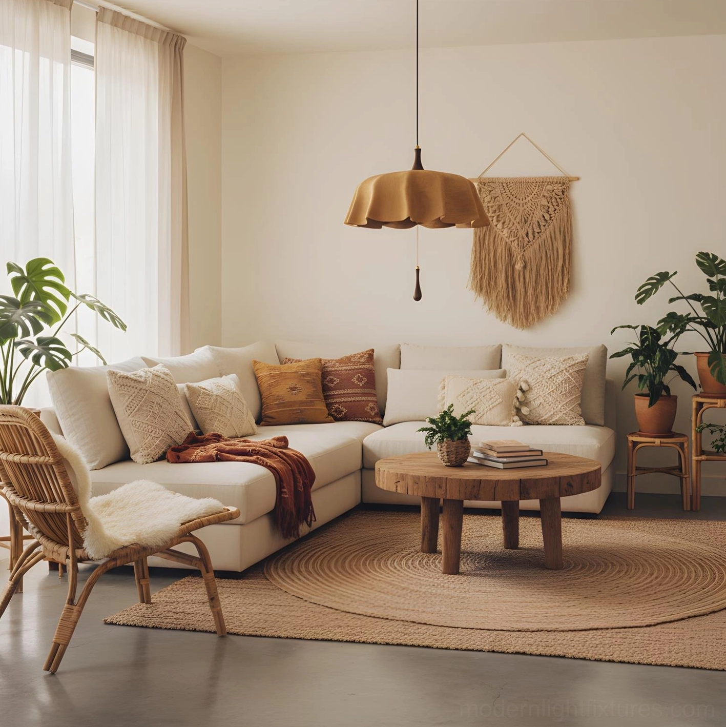 Drapelle textile pendant light in cozy bohemian living room with macrame wall hanging