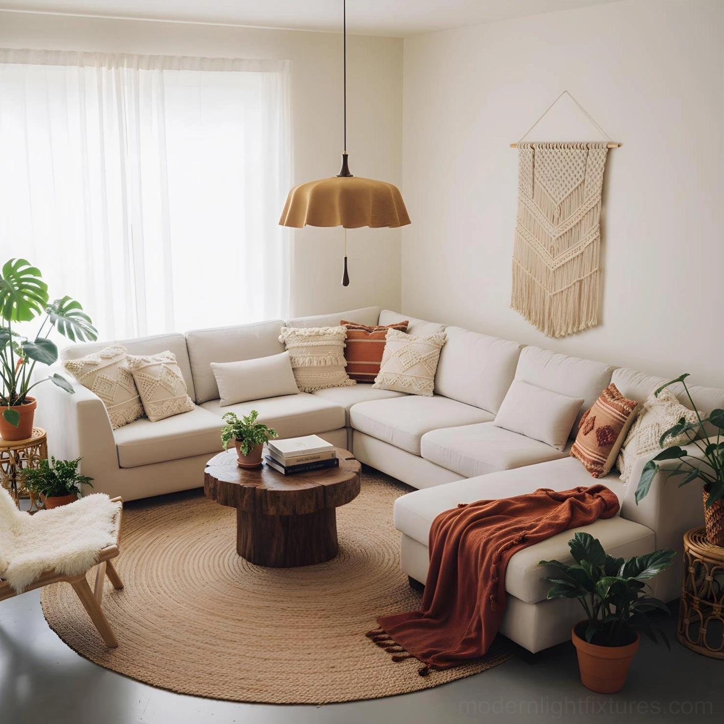 Drapelle woven pendant lamp in bohemian living room with beige sectional sofa and macrame wall decor