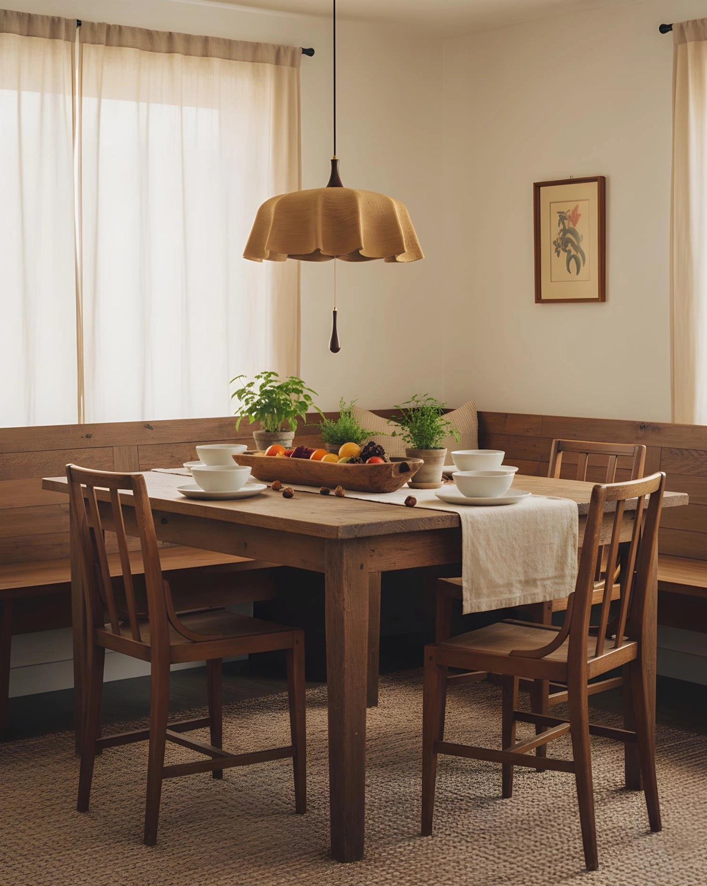 Drapelle fabric pendant lamp suspended above wooden dining table with greenery and natural lighting