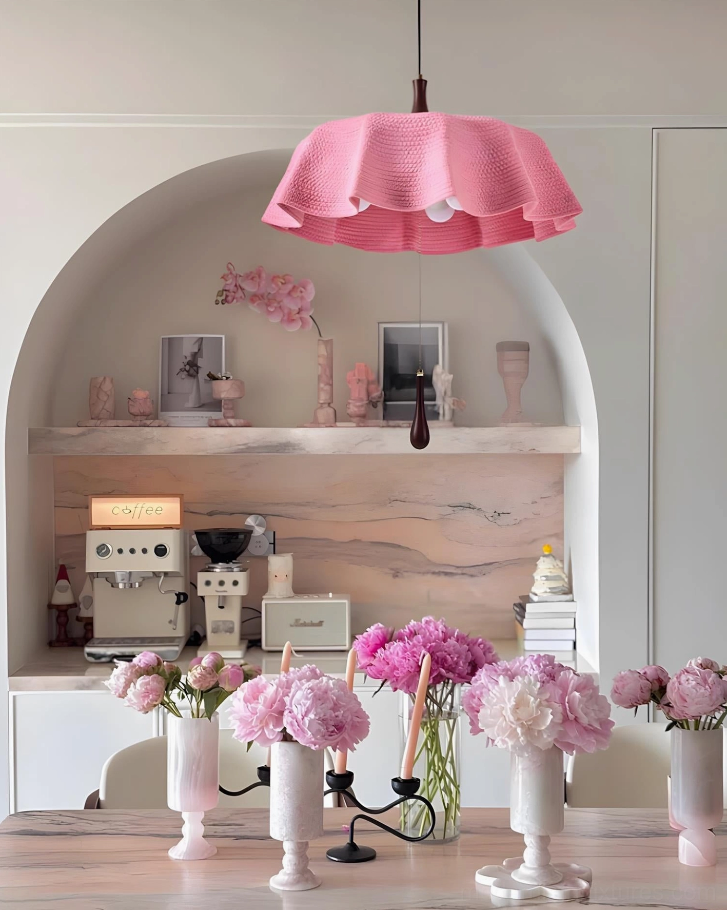 Drapelle pendant light fixture in eclectic bohemian interior with mixed textures and materials