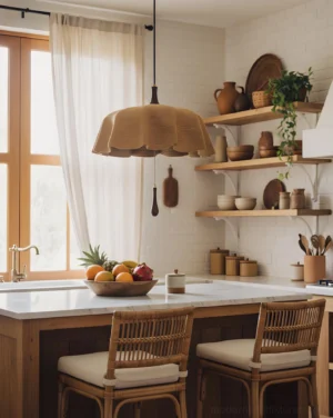 Drapelle textile pendant light installed above kitchen island countertop in residential kitchen