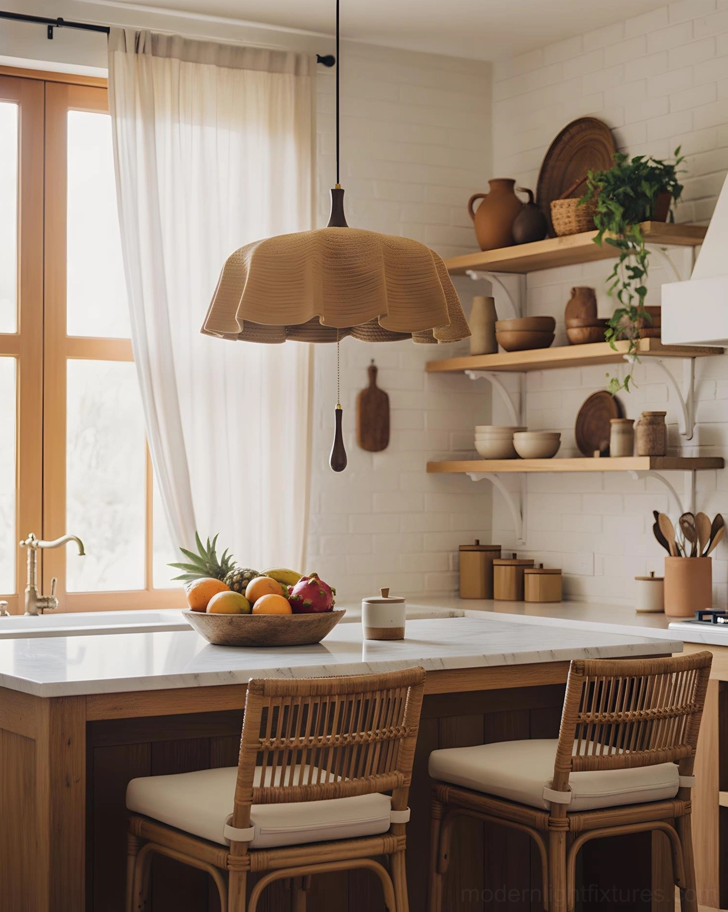 Drapelle textile pendant light installed above kitchen island countertop in residential kitchen