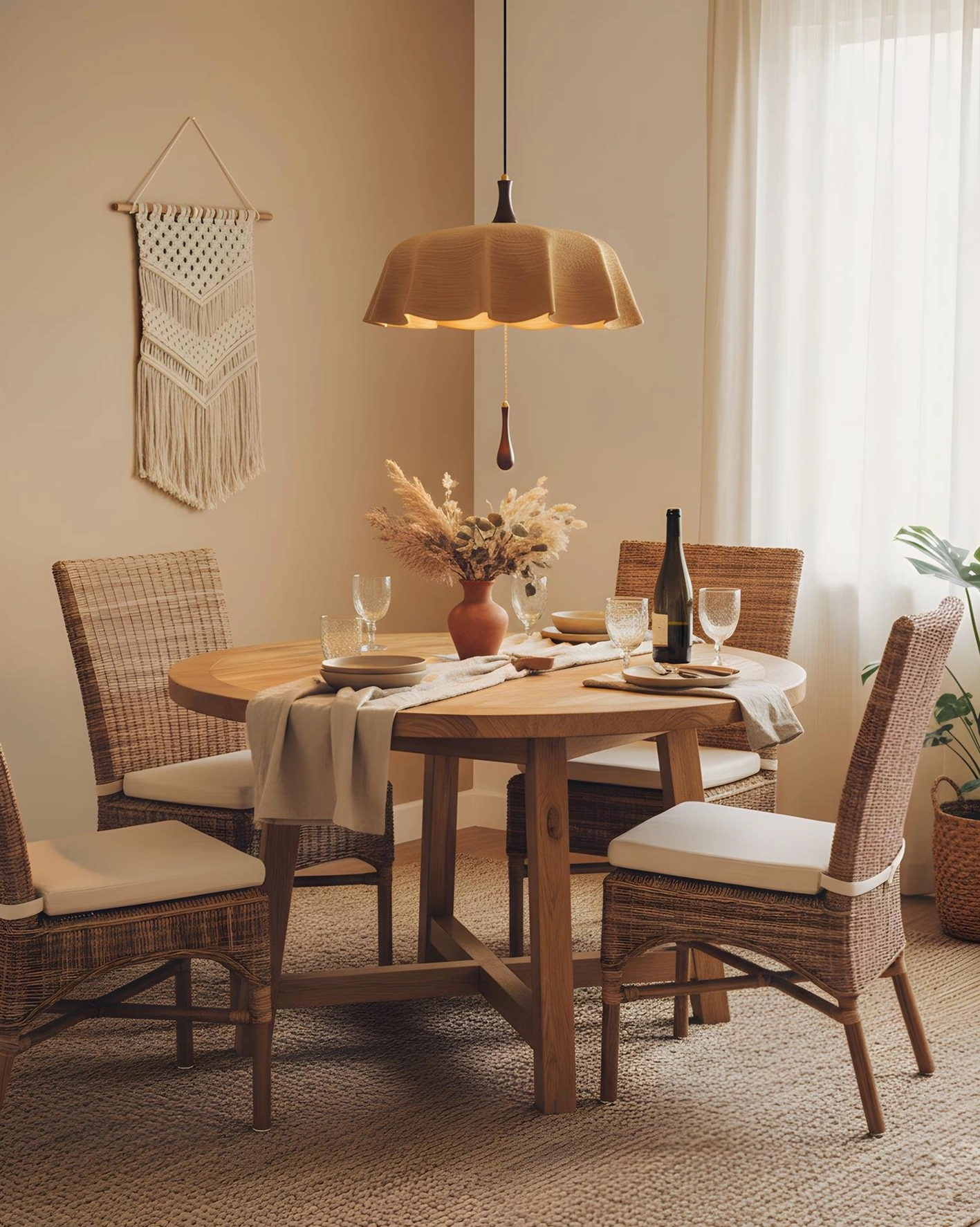 Drapelle woven pendant light in rustic dining area with rattan chairs and floral table decor