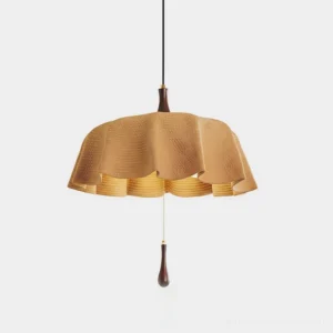 Drapelle woven pendant lamp with pleated fabric shade and wooden pull chain, front view on white background