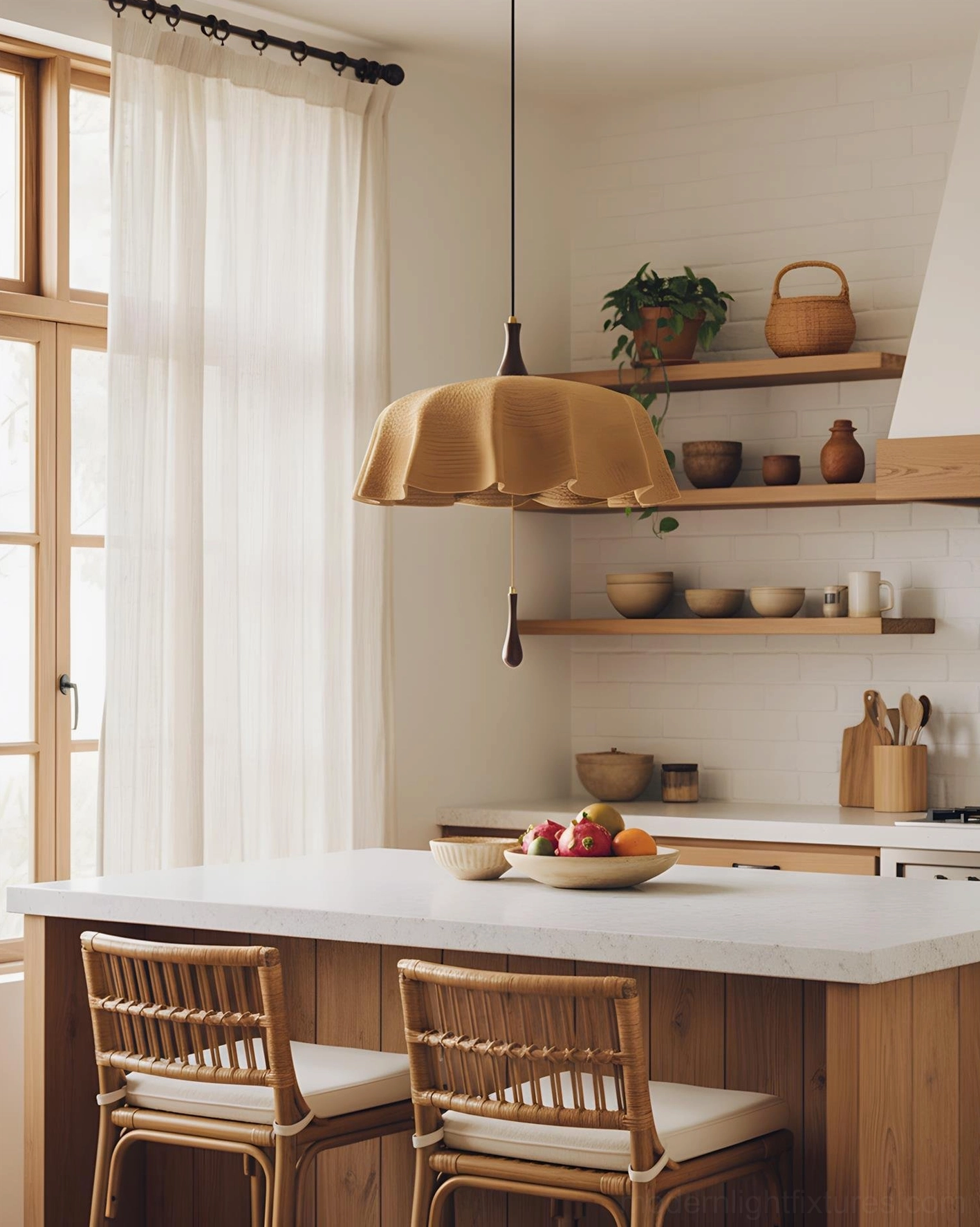 Drapelle sculptural woven pendant shade installed over white kitchen countertop workspace