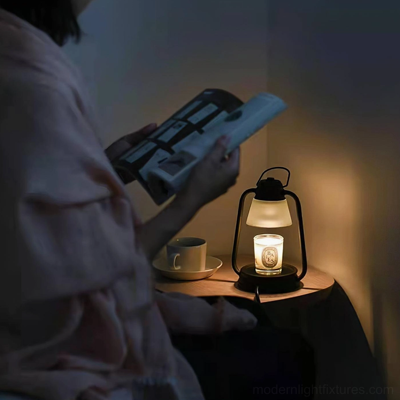 Bedroom candle warmer lamp low angle view nightstand cozy minimalist lighting