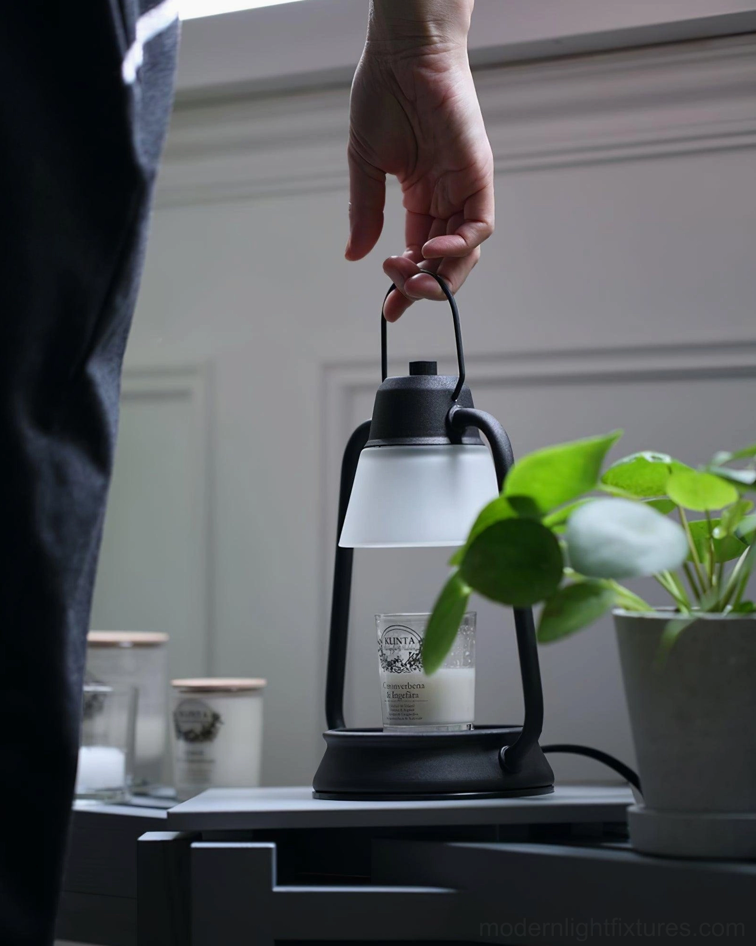 Portable halogen candle warmer lamp hand-held view home desk green plant decor