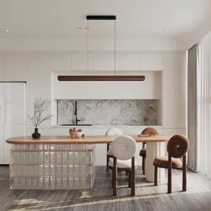 Modern linear wood chandelier installed above kitchen island in open-plan dining space with Scandinavian interior design