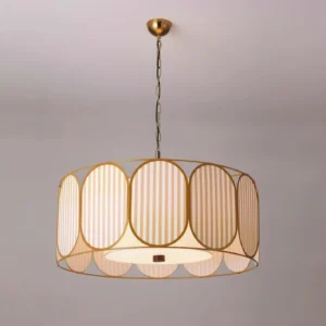 Contemporary pendant lamp featuring warm gold finish and striped fabric lampshade in minimalist style