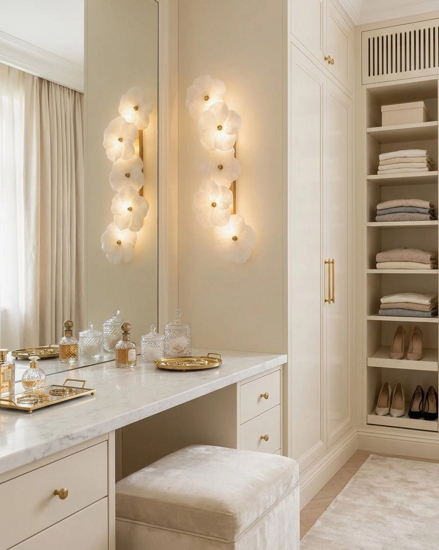 Pair of Alabaster Bloom Wall Sconces flanking walk-in closet mirror, dual floral cluster elegance