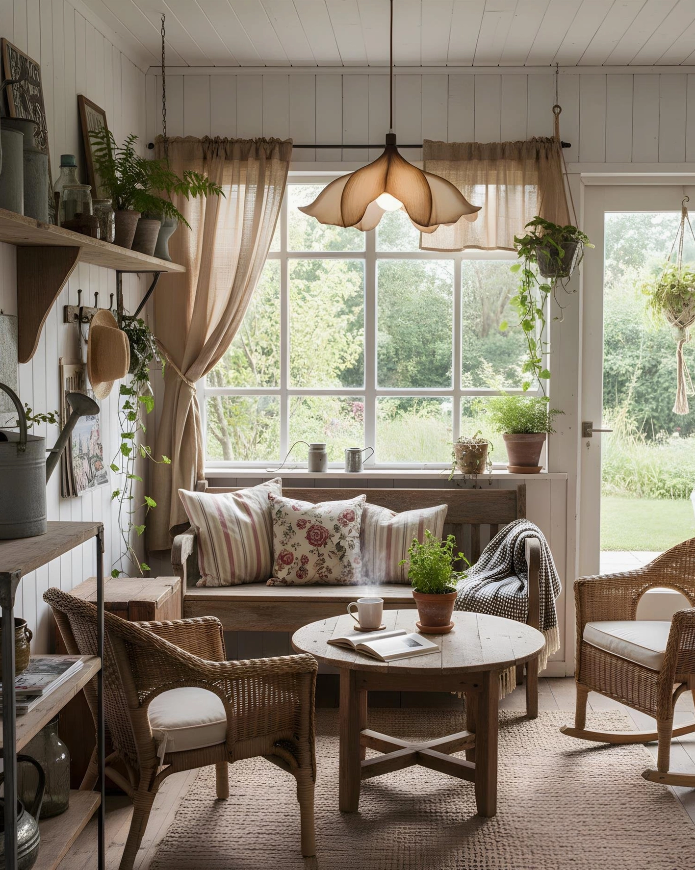 Dual Calysa petal pendant lamps hanging in sunlit farmhouse living room lounge with cozy rustic warm wood-toned furnishings