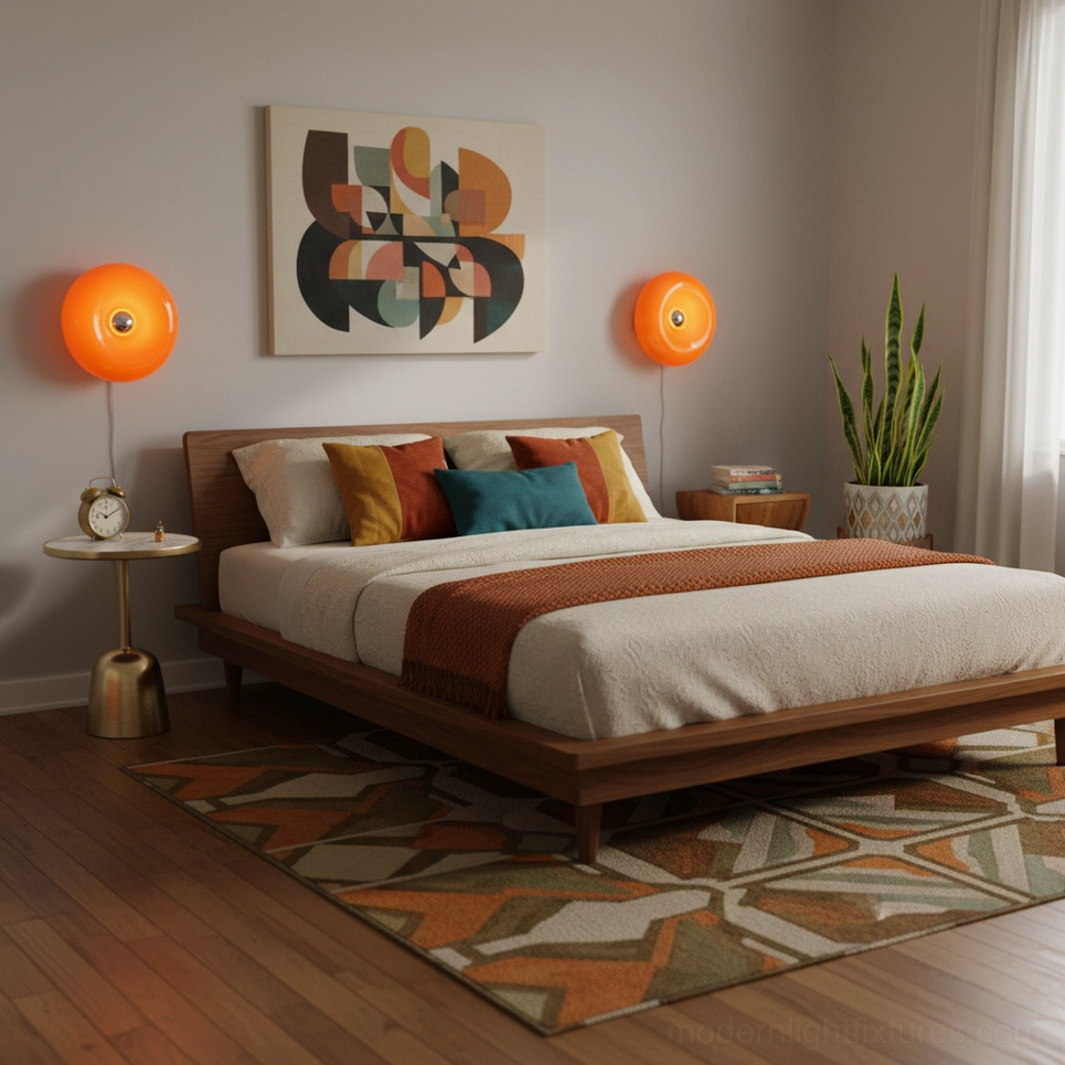 Two orange donut wall sconces in Nordic minimalist bedroom with wooden bed frame and warm bedding