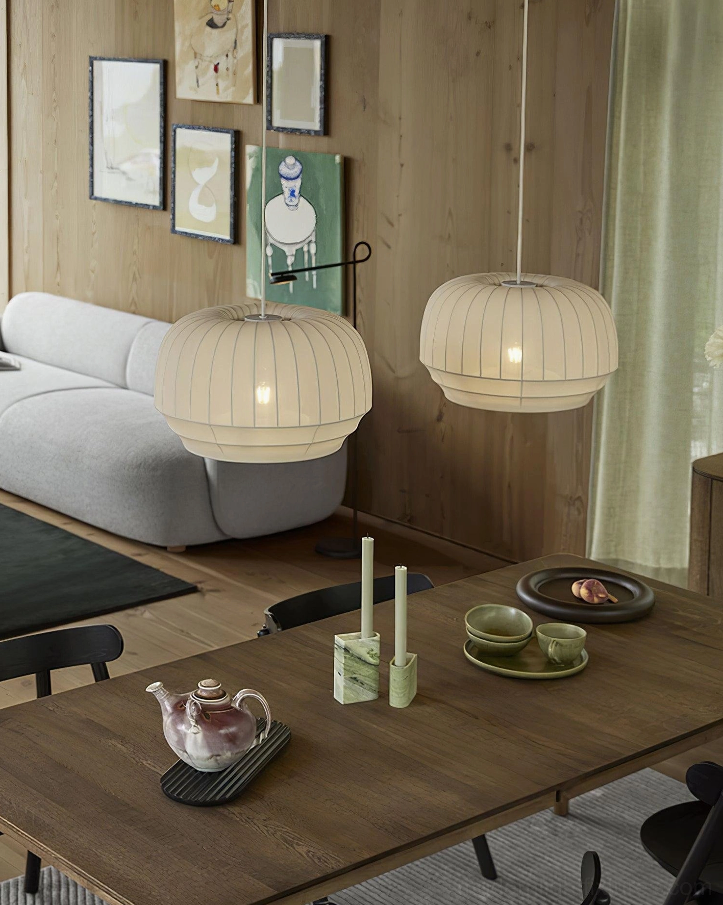 Two fabric pendant lamps above dining table - modern dining room hanging light fixture