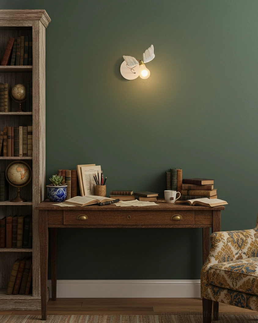 Dual feathered wing sconce installation on bedroom wall creating ethereal lighting ambiance above console