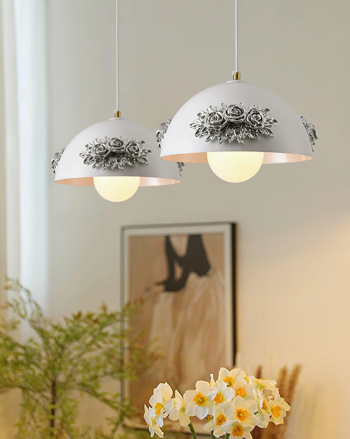 Dual floral pendant lamps with dark grey 3D rose appliqués on off-white shades, warm home sitting scene, elegant romantic style