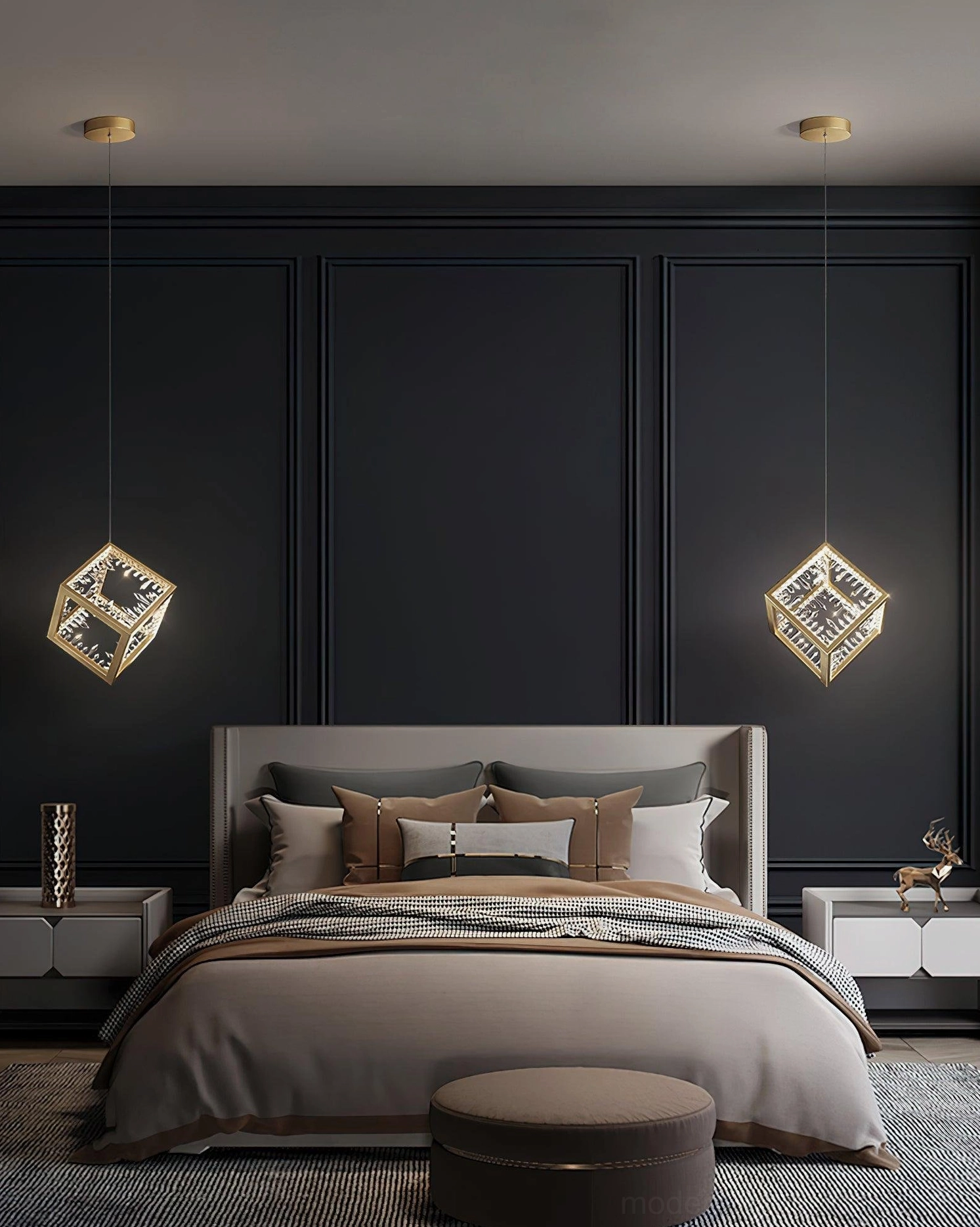 Twin gold cube pendant lamps positioned as bedroom bedside lighting fixtures