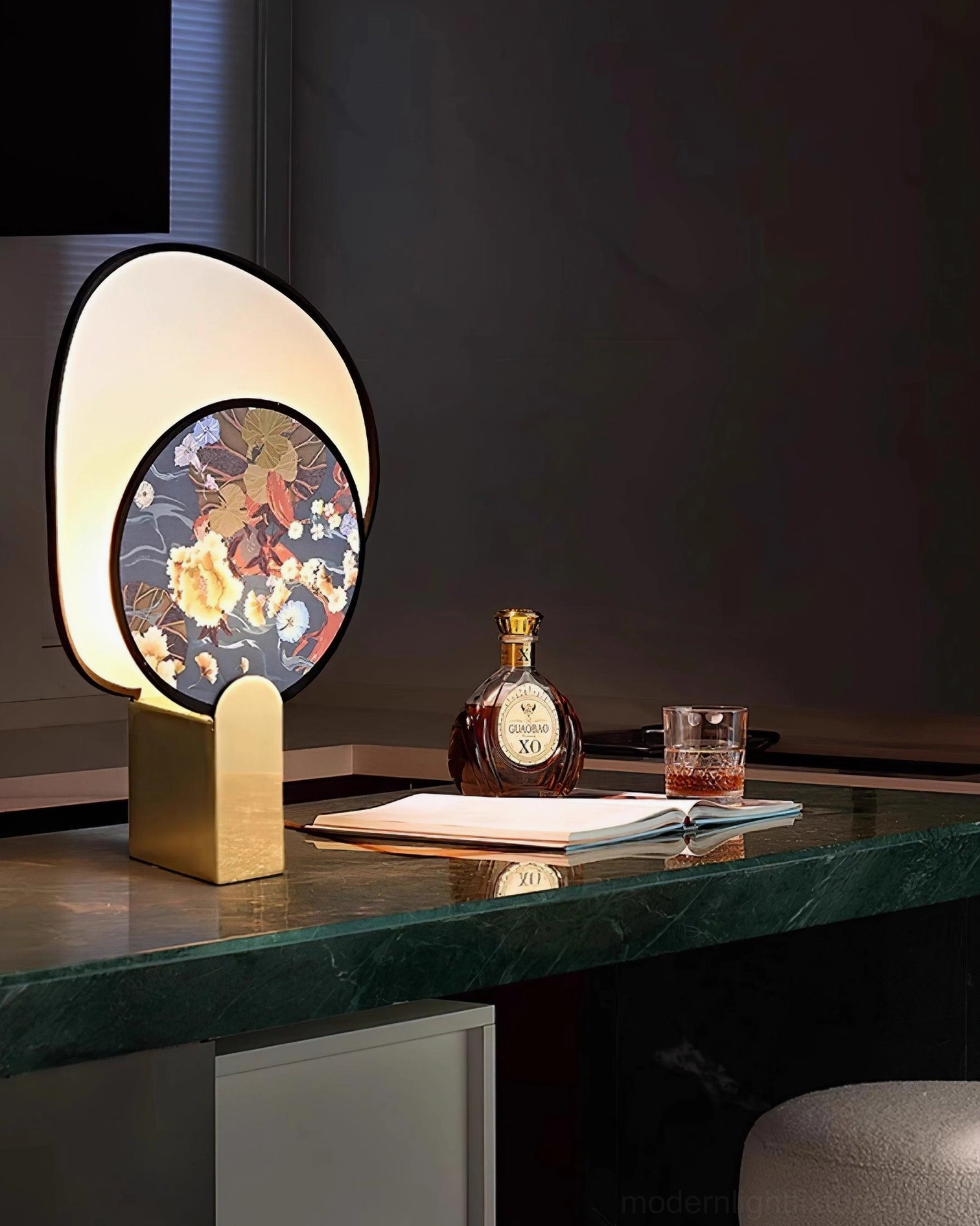 Paired gothic ravens flowers brass table lamps on home bar countertop with vintage decor arrangement