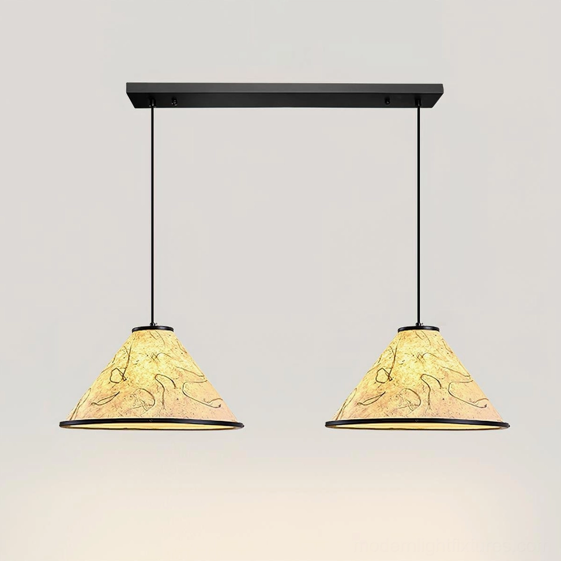 Dual-head cone pendant lamp configuration suspended over dining surface contemporary lighting design