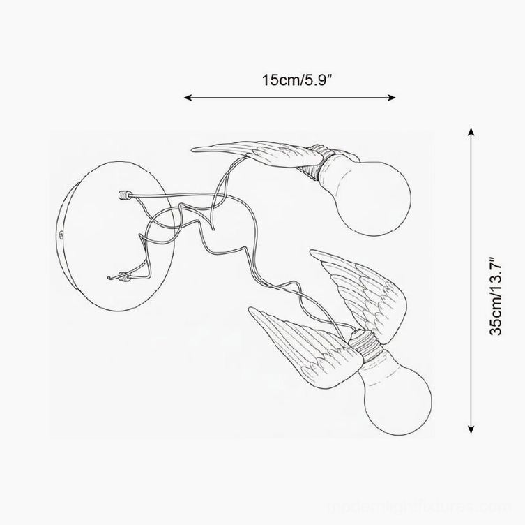 Technical line art drawing of dual-head feathered wall sconce showing dimensions and wiring configuration