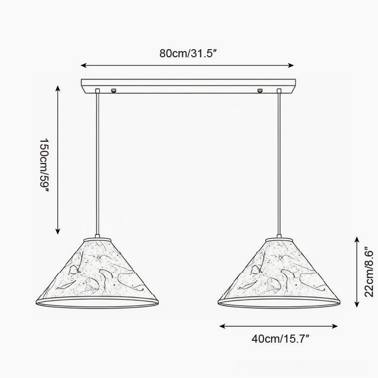 Dual-head linear cone pendant lamp 80cm mounted bar two shade configuration technical drawing