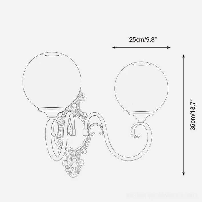 Dual-head ornate brass wall sconce technical drawing, symmetrical baroque design schematic
