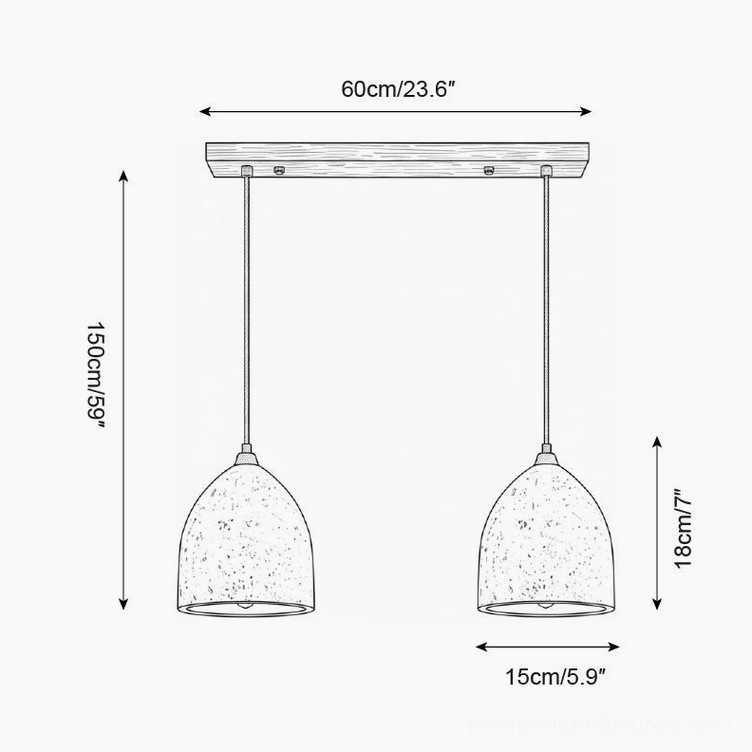 Technical schematic of dual-head travertine pendant light with 60cm ceiling mounting bar specification