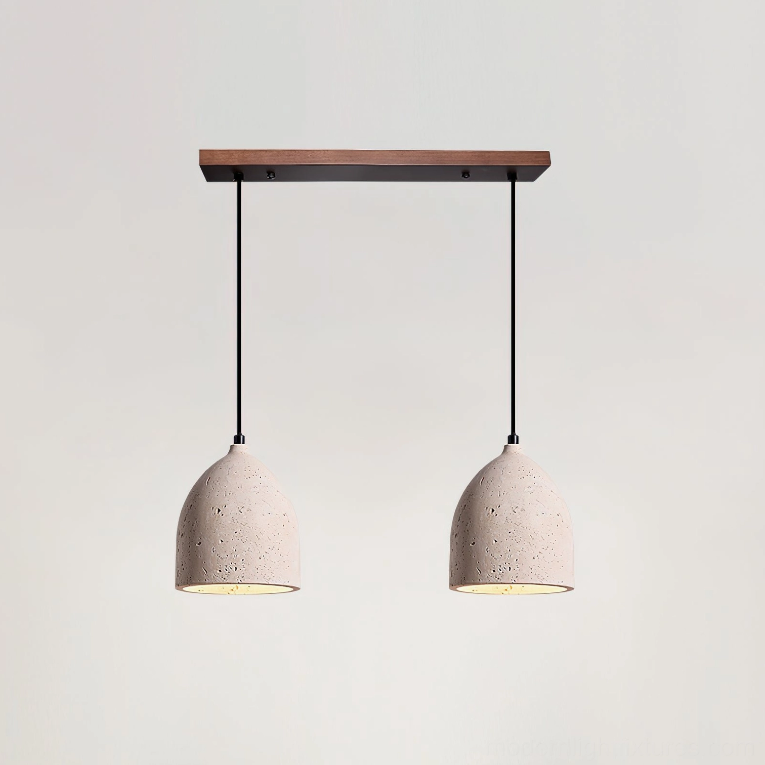 Dual-head travertine pendant light arrangement in walnut and beige color options for modern kitchen or dining