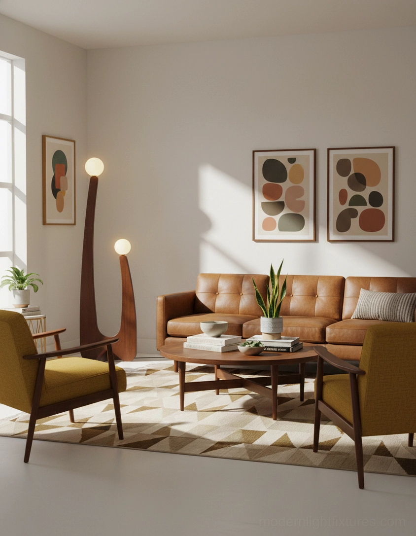 Pair of handcrafted wooden floor lamps with frosted glass globes in modern living room with leather sofa
