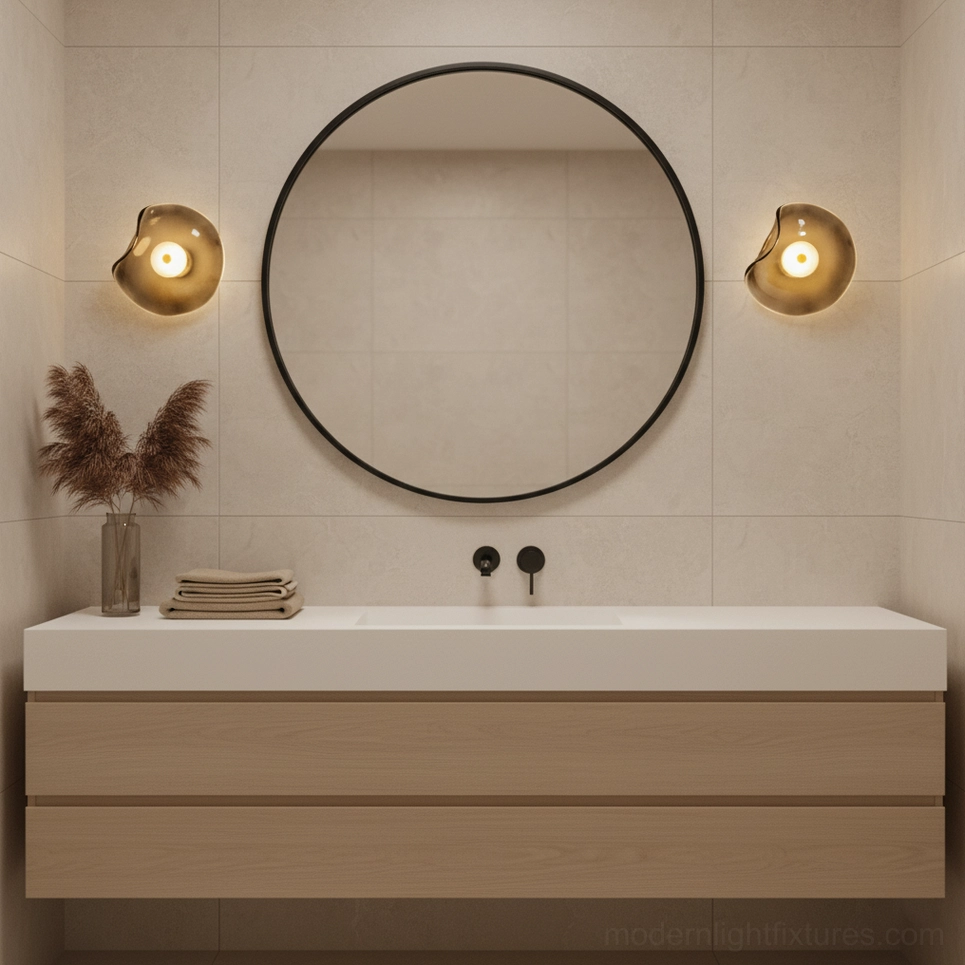 Dual round Nebulae wall sconces in modern minimalist bathroom - flanking round mirror with wooden vanity
