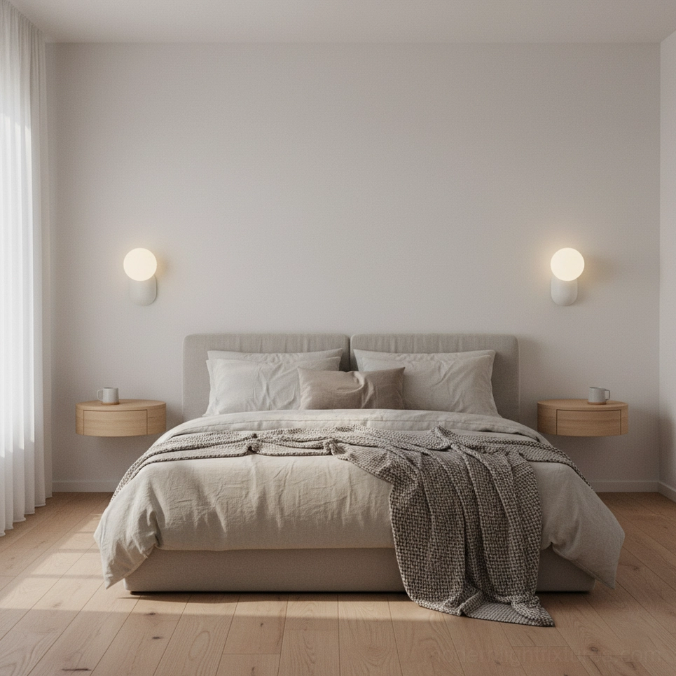Pair of Nordic minimalist wall sconces providing ambient lighting in master bedroom, wide-angle full room view