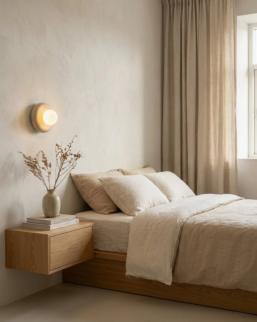 Pair of orb wall sconces flanking bed in contemporary bedroom with warm ambient lighting