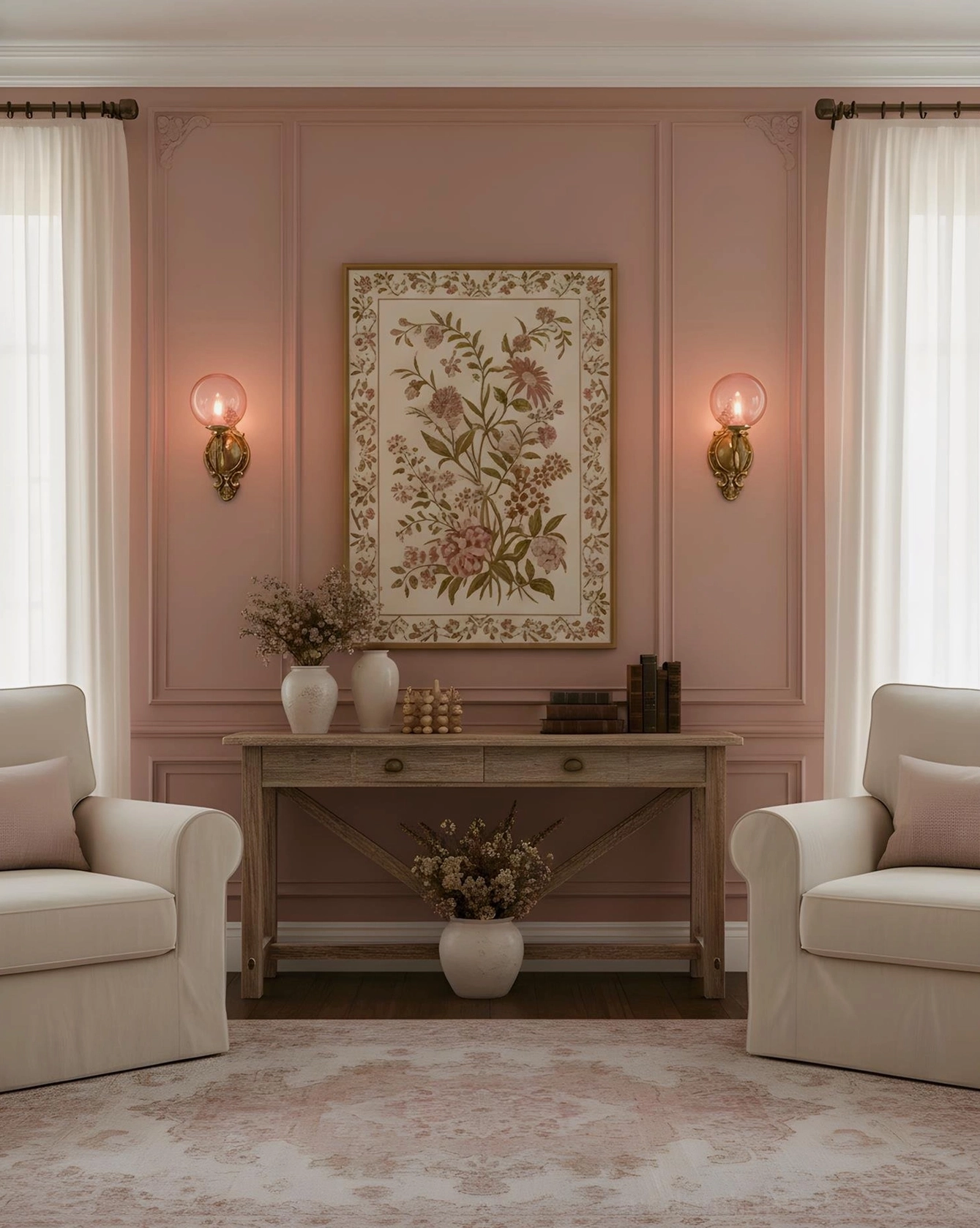 Pair of ornate brass wall sconces in sitting room with pink paneled walls, formal vintage styling