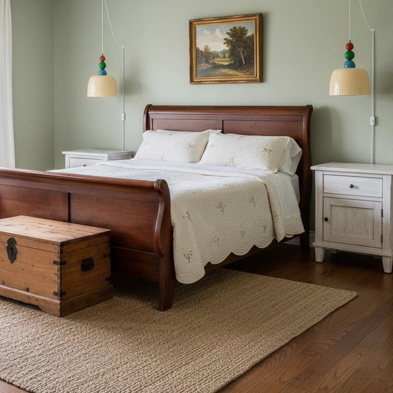 Dual beaded pendant lamps in master bedroom with sage green accent walls and wooden sleigh bed