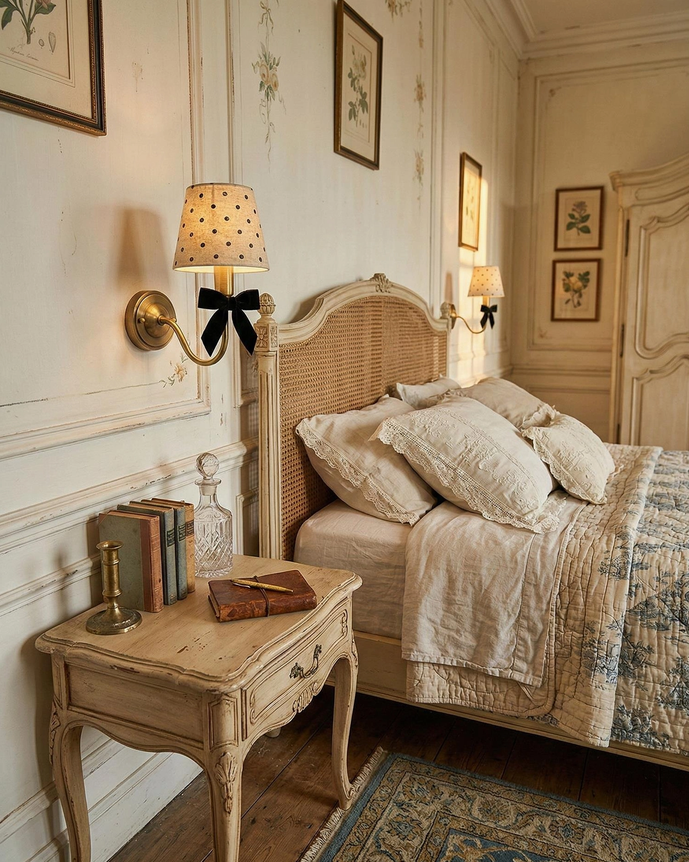 Pair of polka dot wall sconces in luxury French provincial bedroom with ornate rattan bed frame, vintage wall paneling, symmetrical lighting arrangement