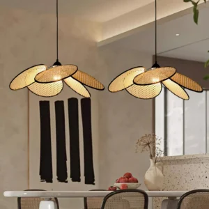 Dual rattan petal pendant lamps in modern minimalist dining room boho decor
